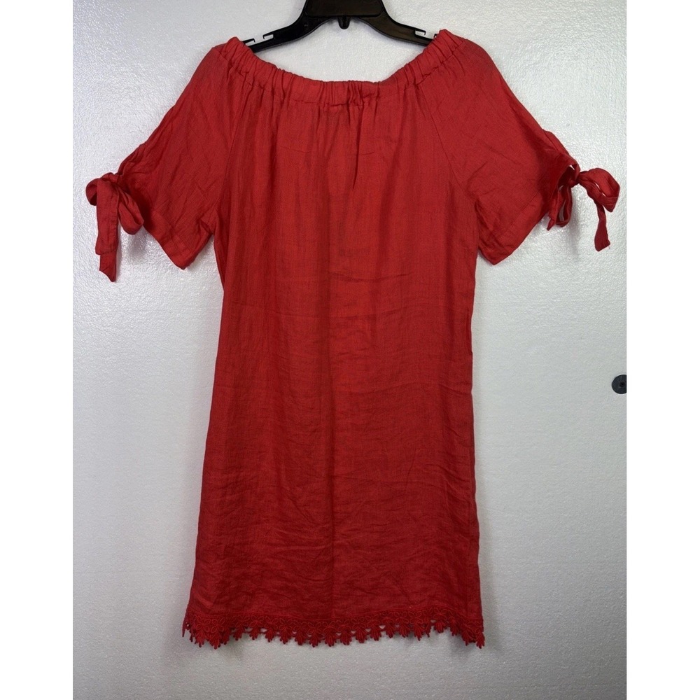 Linen Dress Lungo L' Arno Italy Womens Sz L Red Tie sleeve Lace Boho Beach NWT - Picture 4 of 11